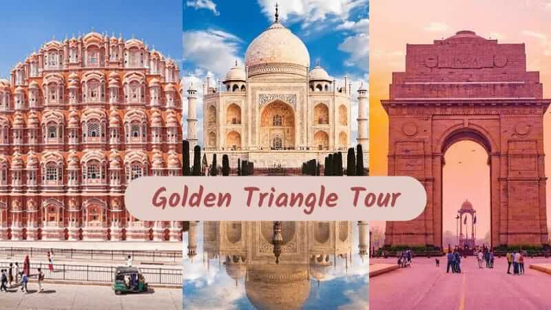 A collage promoting a golden triangle tour, featuring iconic monuments of india: hawa mahal in jaipur, the taj mahal in agra, and india gate in new delhi.